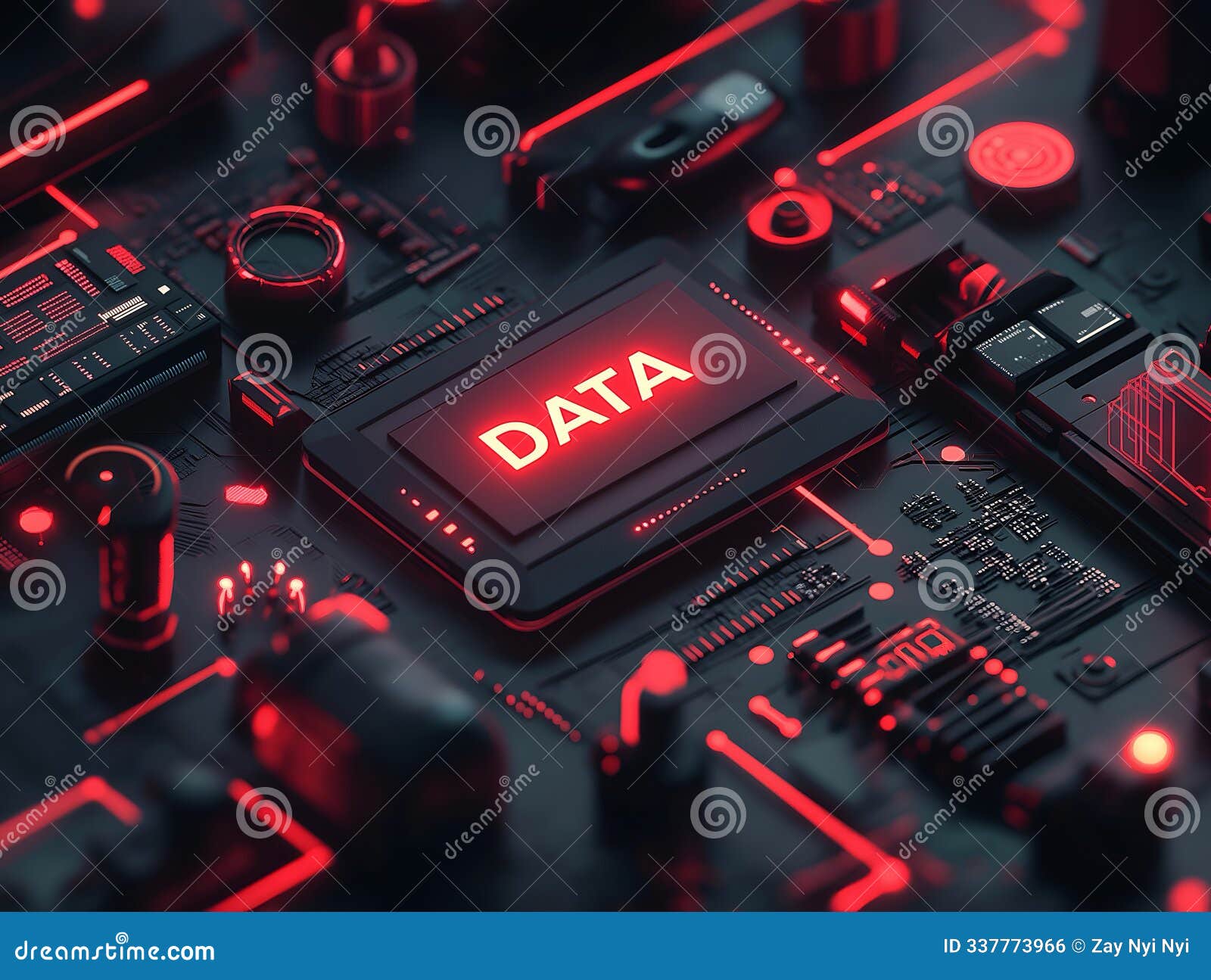 a circuit board with a chip labeled "data" highlighting data processing in technology